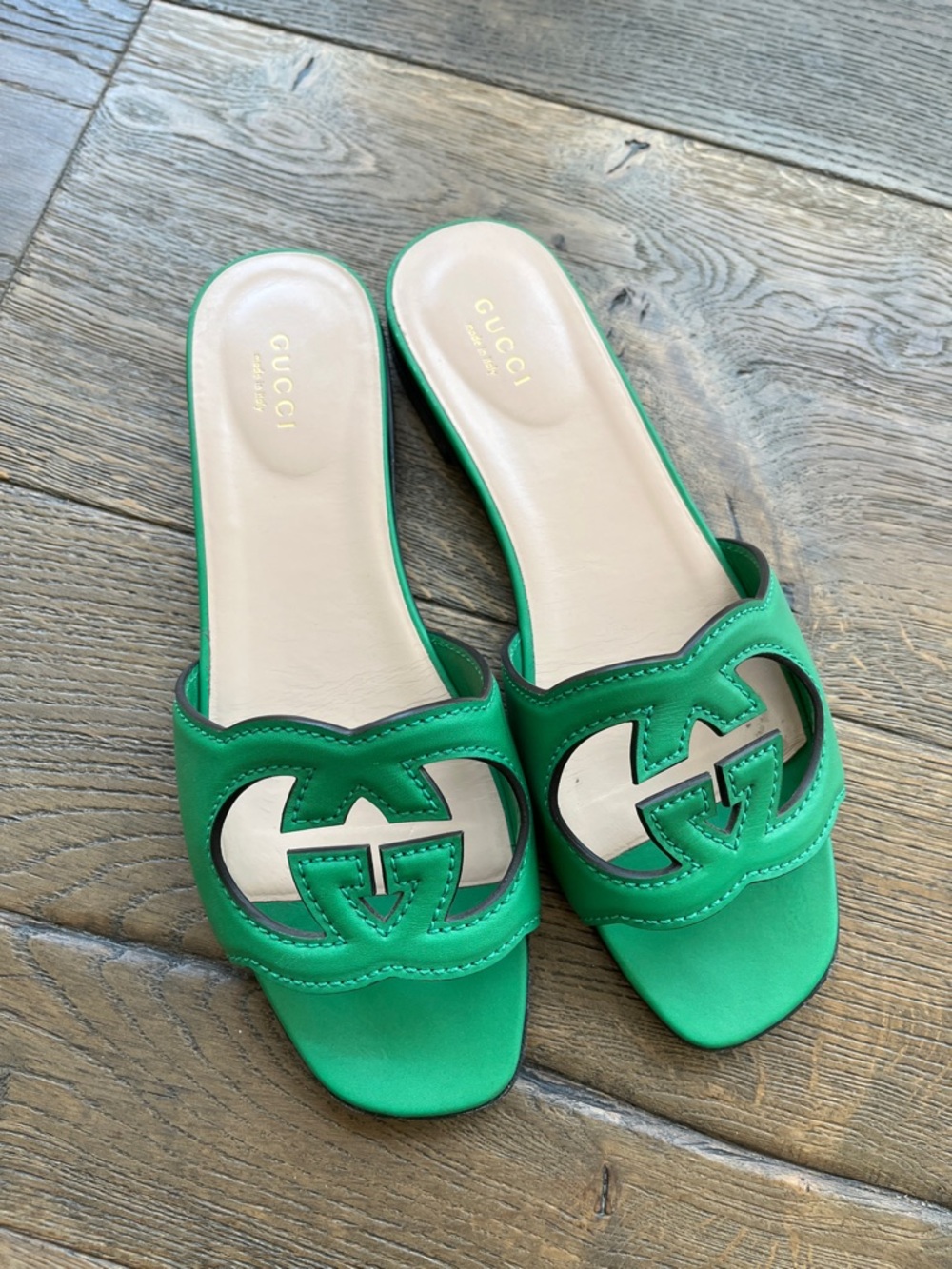 Gucci Green Leather Interlocking G Slide Mules Size 38